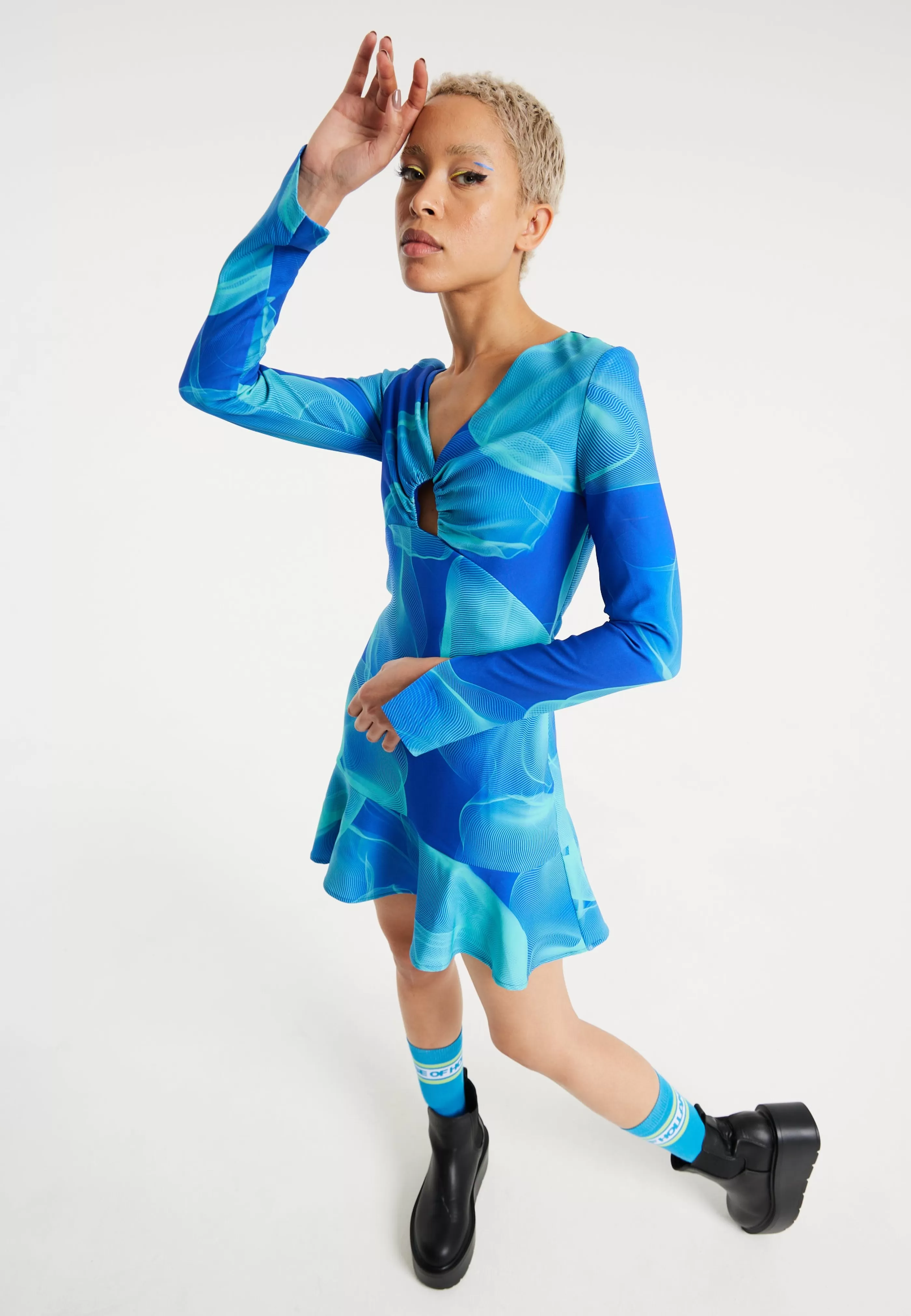 Best Aqua Mesh Abstract Wire Print Long Sleeve Dress With Dresses | Dresses
