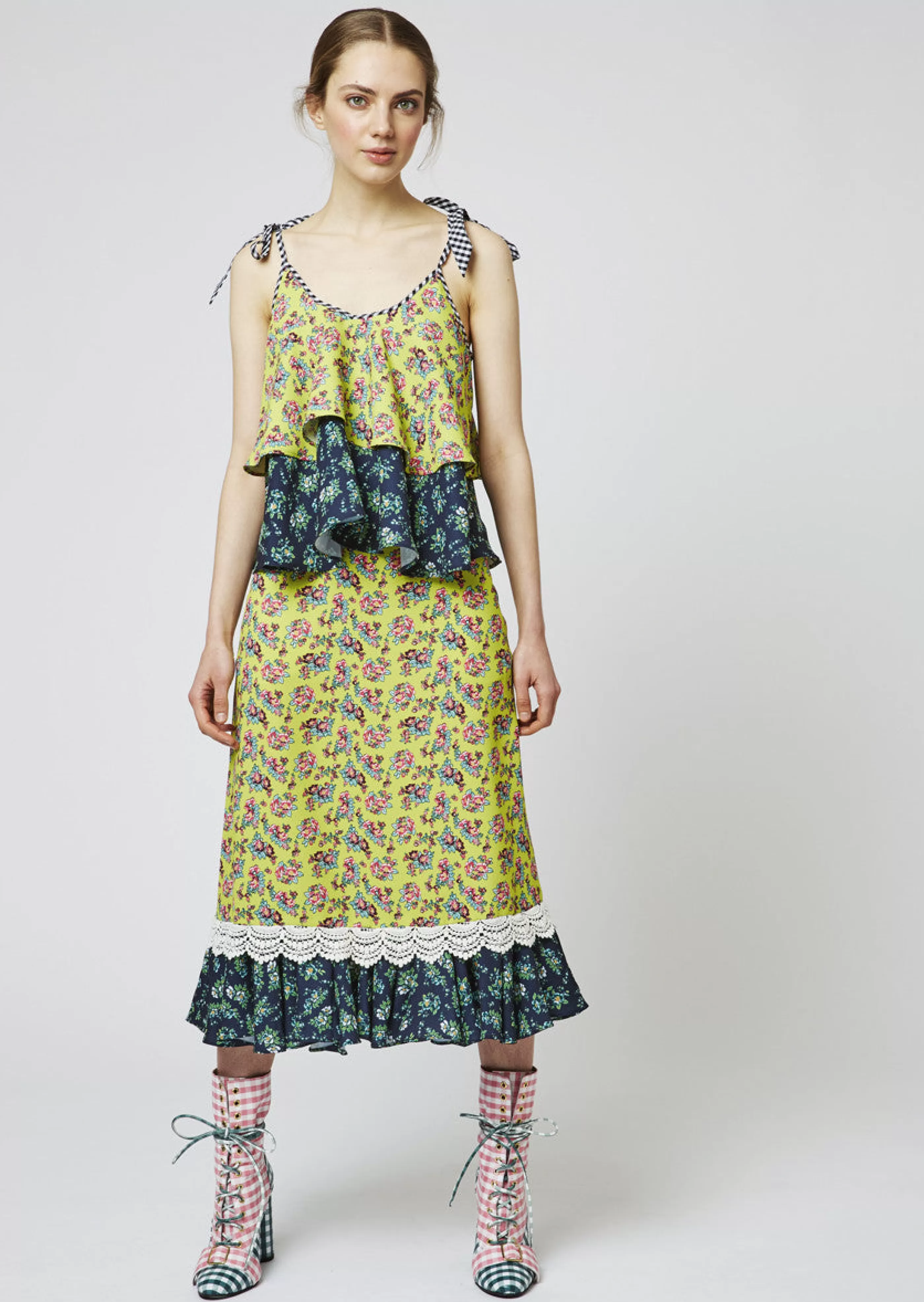 New Crepe Ditsy Frill Hem Midi Skirt Skirts & Trousers