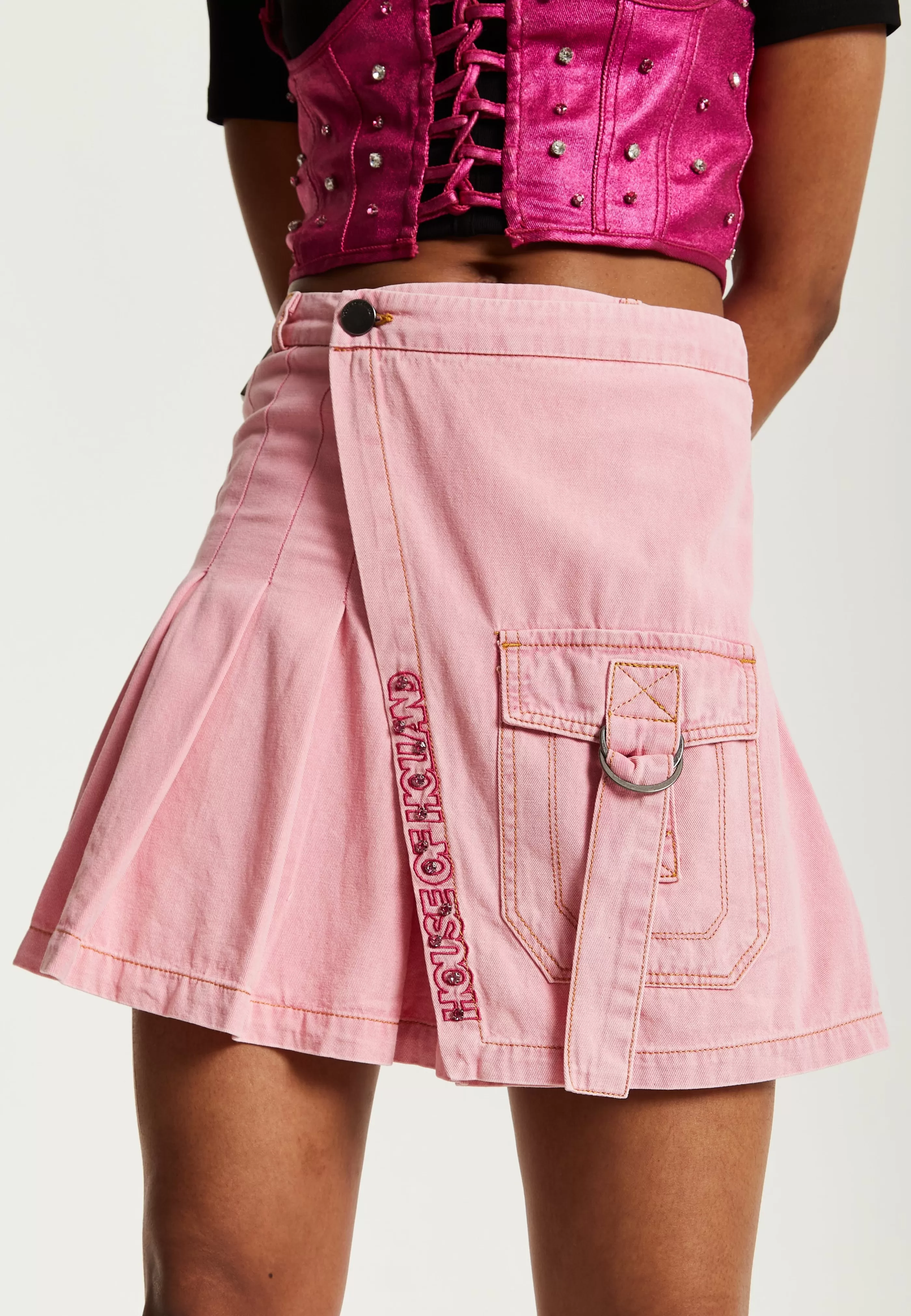 Cheap Light Denim Studded Pleated Skirt Skirts & Trousers