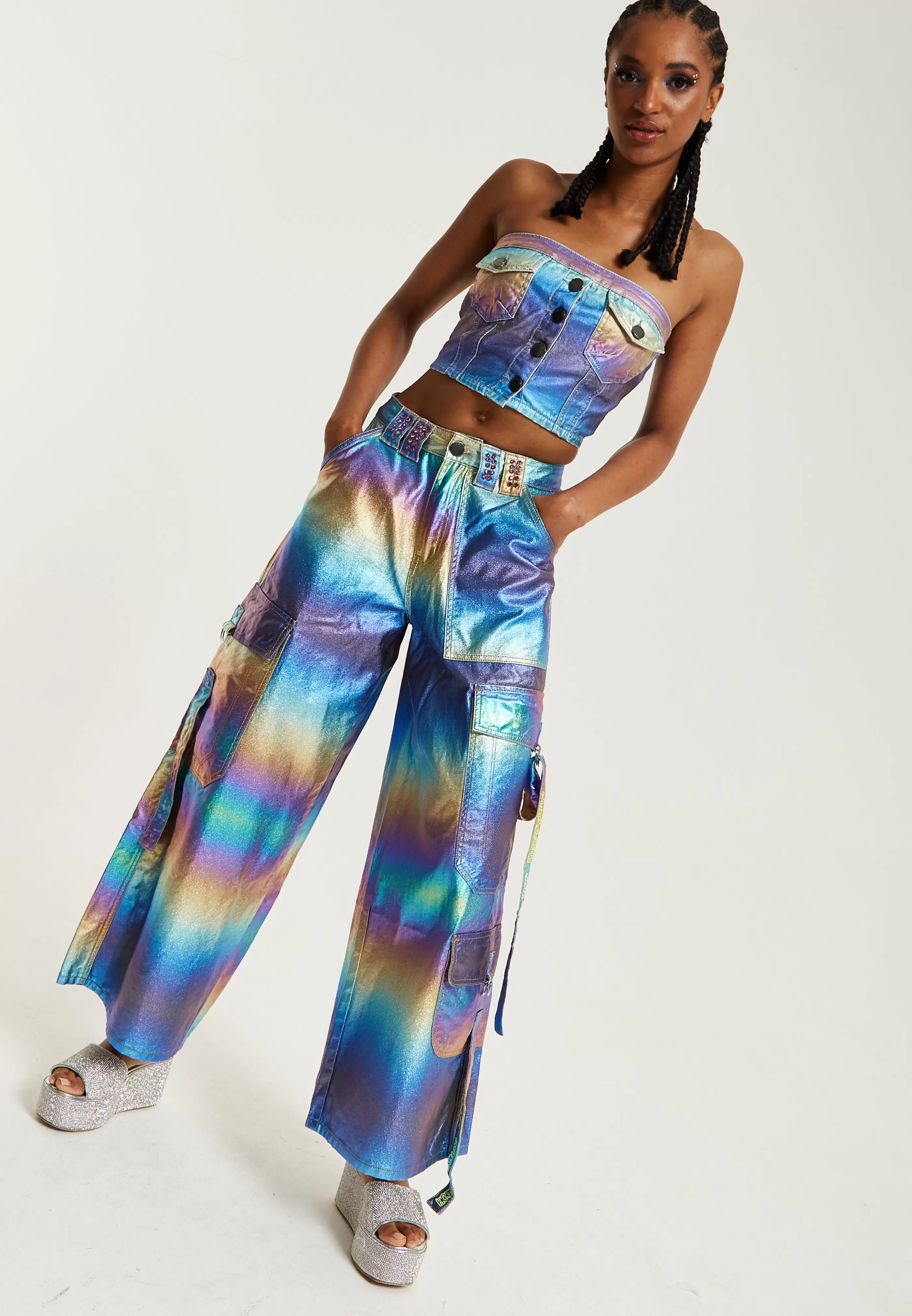 Online Metallic Rainbow Cargo Trousers Skirts & Trousers