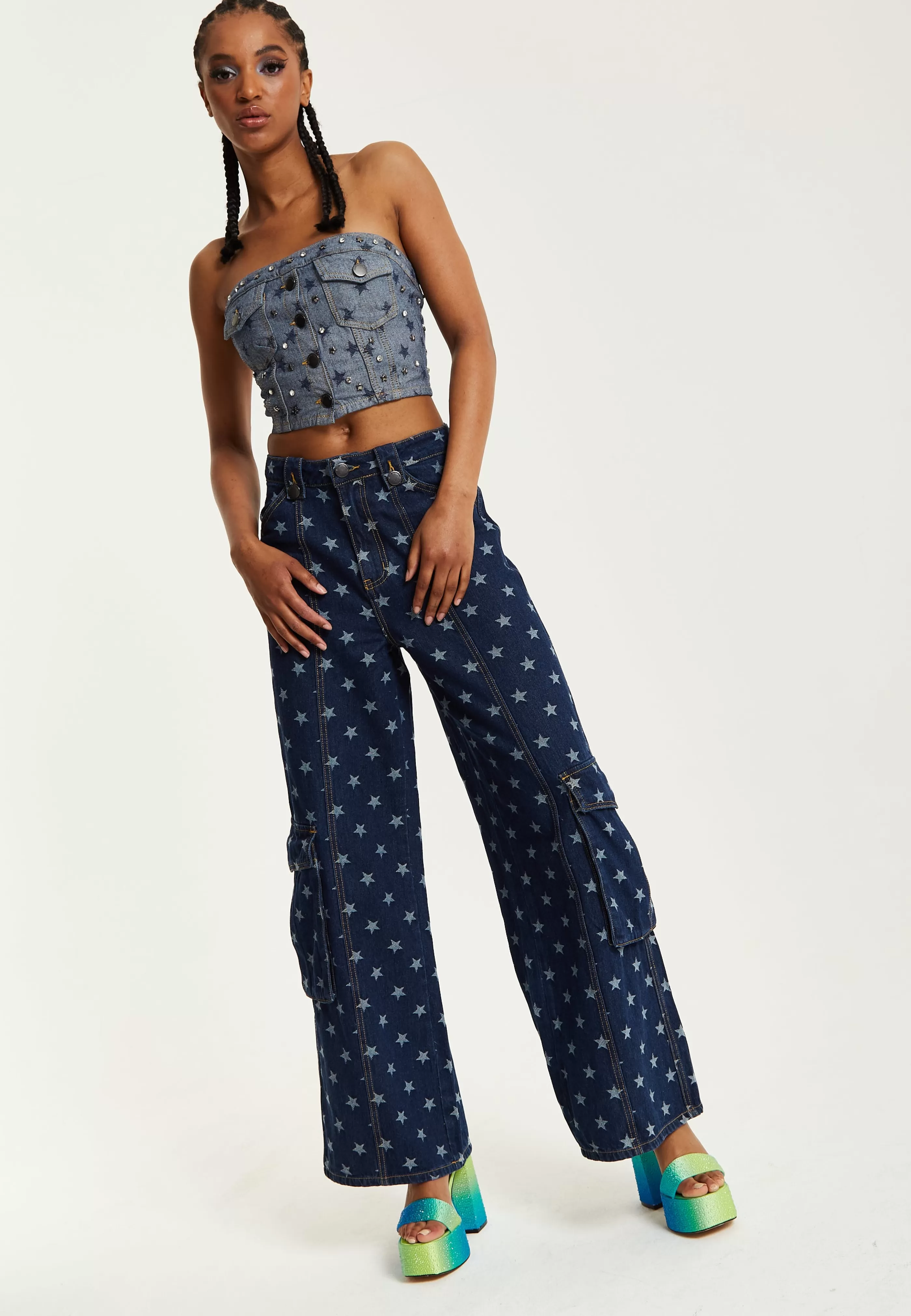 Online Star Print Cargo Jeans Skirts & Trousers