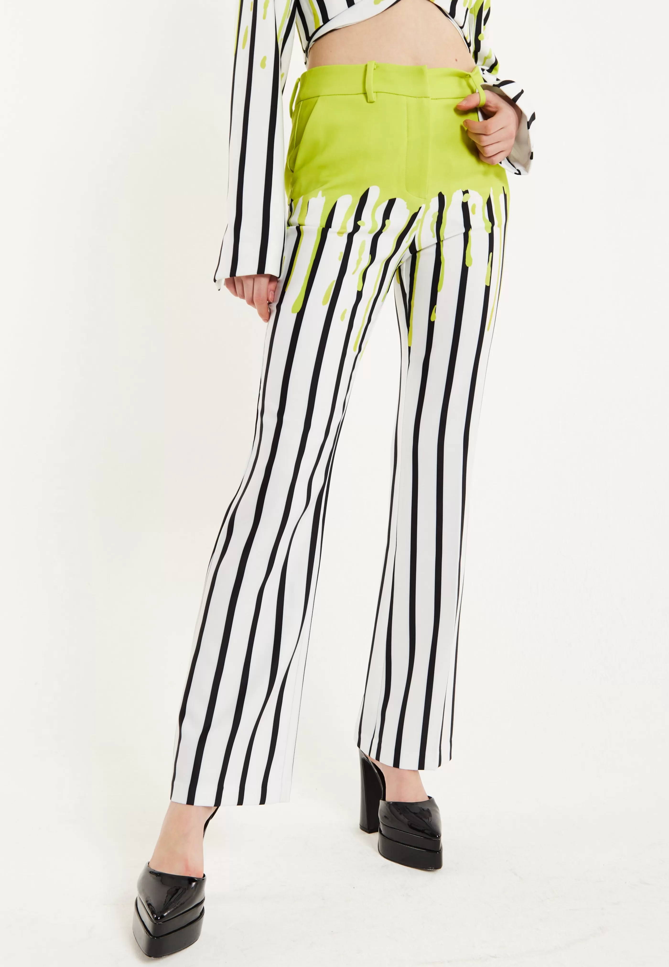 Fashion Stripe Monochrome Acid Green Splash Trousers Skirts & Trousers